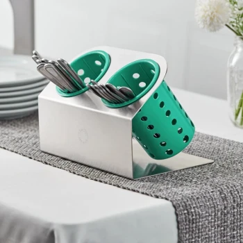 Steril-Sil Cantilever 2-Cylinder Stainless Steel Flatware Organizer with Green Perforated Plastic Cylinders