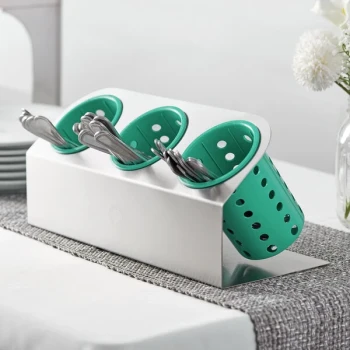 Steril-Sil Cantilever 3-Cylinder Stainless Steel Flatware Organizer with Green Perforated Plastic Cylinders