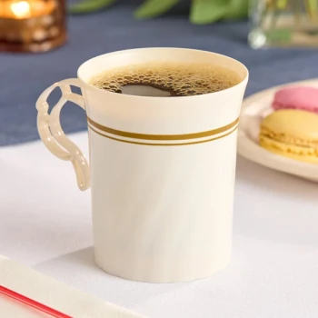 WNA Comet CWM8192IPREM 8 oz. Ivory Plastic Masterpiece Coffee Cup with Gold Accents - 8/Pack