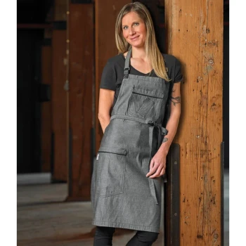 Mercer Culinary M63200BKD Metro Edge Flannery Black Dobby Denim Bib Apron with Adjustable Neck, Leather Towel Holder, and 3 Pockets - 34 1/4" x 30 3/4"