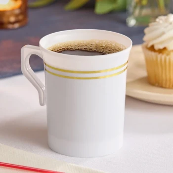 Visions Halo 8 oz. White Plastic Coffee Mug with Gold Bands - 120/Case