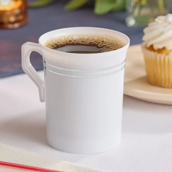 Visions Halo 8 oz. White Plastic Coffee Mug With Silver Bands - 120/Case