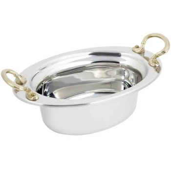 Bon Chef 5203HR 13" x 9" x 5" Stainless Steel 3.75 Qt. Full Size Oval Plain Design Food Pan with Round Brass Handles