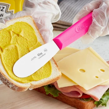 Choice 3 1/2" Smooth Stainless Steel Sandwich Spreader with Neon Pink Polypropylene Handle