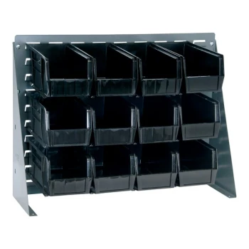 Quantum 27 3/4" x 8" x 21" Gray Steel Bench Rack with (12) 10 7/8" x 5 1/2" x 5" Black Bins QBR-2721-230-12BK