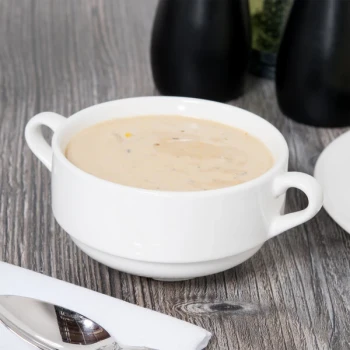 Tuxton AMU-044 Modena AlumaTux Pearl White (European White) 10.5 oz. Stackable China Soup Cup With Handle - 24/Case