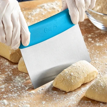 Choice 6 1/4" x 3" High Carbon Stainless Steel Dough Cutter / Bench Scraper with Blue Handle