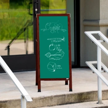Aarco MA-311SG 42" x 18" Cherry A-Frame Sign Board with Green Write-On Porcelain Chalk Board