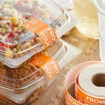 Choice TamperSafe 1" x 3" From Our Kitchen To Yours Orange Paper Tamper-Evident Label - 250/Roll