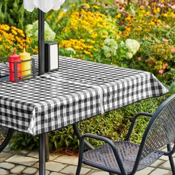 Choice 52" x 52" Black Textured Gingham Vinyl Table Cover with Umbrella Opening and Flannel Back