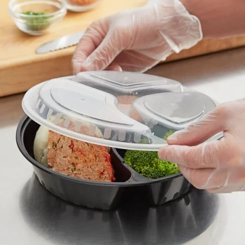 Choice 33 oz. Black Round 3-Compartment Microwavable Heavy Weight Container with Lid - 150/Case