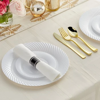Visions 144 Settings of Gold White Wave Plastic Dinnerware and Classic Rolled Flatware - 144/Case