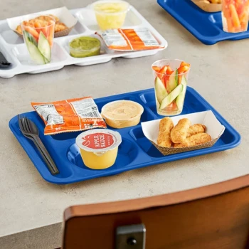Choice 10" x 14" Left Handed Heavy-Duty Melamine NSF Blue 6 Compartment Tray - 12/Pack
