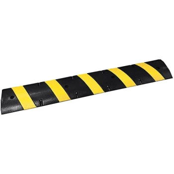 Plasticade® Premium 6' Recycled Textured Black Rubber Speed Bump with 8 Cat Eye Reflectors and 5 Yellow Reflective Stripes PAB-SP-26M