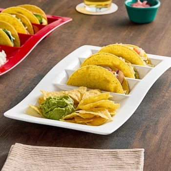 Tuxton GZP-800 TuxTrendz 14 5/8" x 8 5/8" Porcelain White Stackable China Taco Plate - 6/Case