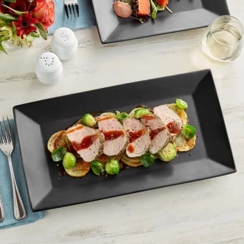 Acopa 14 1/2" x 8 1/4" Matte Black Rectangular Stoneware Platter - 12/Case