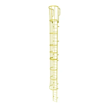 Tri-Arc 30-Rung Yellow Steel Fixed Ladder with Safety Cage and Walk-Thru Guardrails WLFC1230-Y - 350 lb. Capacity