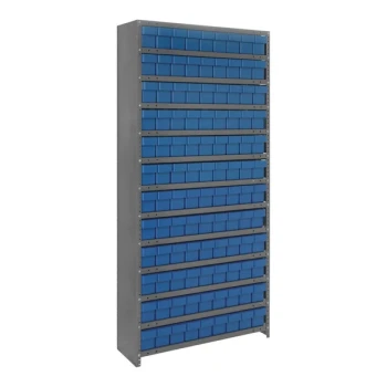 Quantum Super Tuff 36" x 18" x 75" Steel Closed 13-Shelf Euro Drawer Shelving System with (108) 17 7/8" x 3 3/4" x 4 5/8" Blue Bins CL1875-604BL