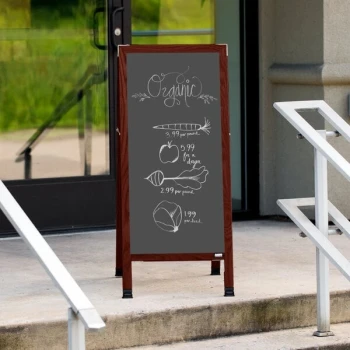 Aarco MA-35SS 42" x 18" Cherry A-Frame Sign Board with Slate Gray Write-On Porcelain Chalk Board