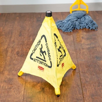 Rubbermaid® FG9S0000YEL 20" Yellow Multi-Lingual "Caution" Wet Floor Sign Pop-Up Safety Cone With Wall-Mounted Case