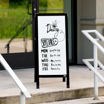 Aarco BA-311SW 42" x 18" Black Aluminum Narrow A-Frame Sidewalk Board with White Porcelain Marker Board