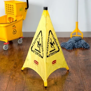 Rubbermaid® FG9S0100YEL 30" Yellow Multi-Lingual "Caution" Wet Floor Sign Pop-Up Safety Cone With Wall-Mounted Case