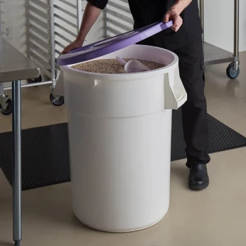 Baker's Mark Allergen-Free 44 Gallon / 700 Cup White Round Ingredient Storage Bin with Purple Snap-On Lid