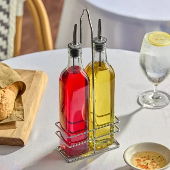 Choice 16 oz. 3 Piece Oil & Vinegar Cruet Set with Rack