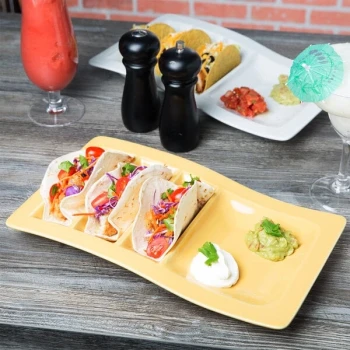 Tuxton Concentrix 14 5/8" x 8 5/8" Saffron Stackable China Taco Plate - 6/Case