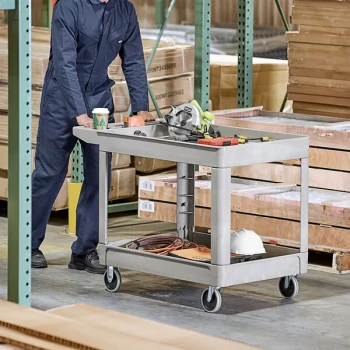 Rubbermaid® FG452089BEIG Beige Medium Lipped Two Shelf Utility Cart with Extended Handle