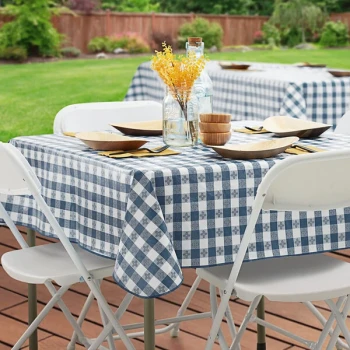 Choice 52" x 52" Navy Textured Gingham Vinyl Table Cover with Flannel Back