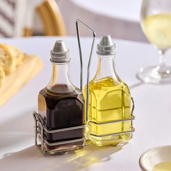 Choice 6 oz. 3 Piece Oil & Vinegar Cruet Set with Rack