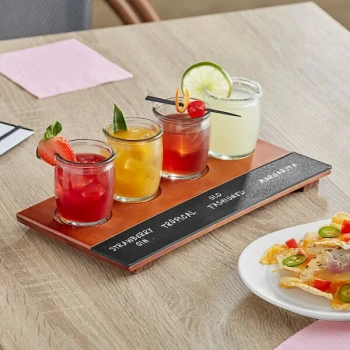 Acopa Write-On Flight Tray with Rounded Tasting Glasses - 3/Set