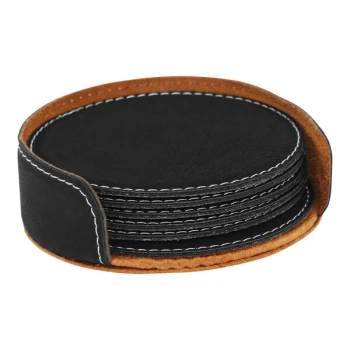 Franmara Suave 3 3/4" Black Round Leatherette Coaster Set with Holder - 6/Set