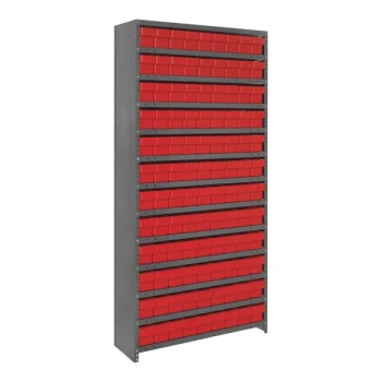 Quantum Super Tuff 36" x 18" x 75" Steel Closed 13-Shelf Euro Drawer Shelving System with (108) 17 7/8" x 3 3/4" x 4 5/8" Red Bins CL1875-604RD