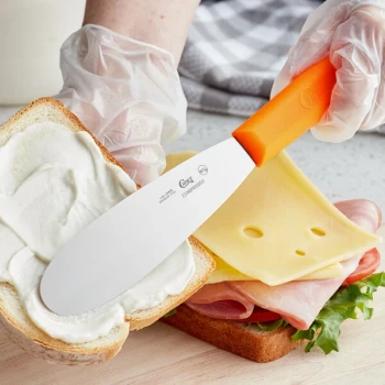 Choice 5 1/2" Smooth Stainless Steel Sandwich Spreader with Neon Orange Polypropylene Handle