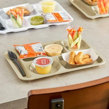 Choice 10" x 14" Left Handed Heavy-Duty Melamine NSF Tan 6 Compartment Tray - 12/Pack