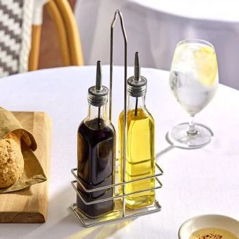 Choice 8.5 oz. 3 Piece Oil & Vinegar Cruet Set with Rack