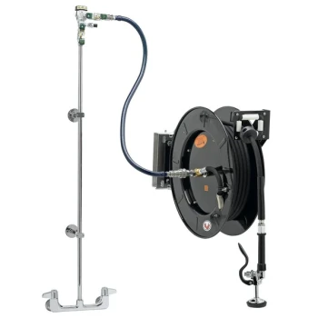 Equip by T&S 5HR-242-01WE1 50' Open Hose Reel System with Wall Mount Base Faucet, Swing Wall Bracket, and High Flow Spray Valve