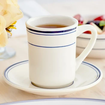 Acopa 8 oz. Ivory (American White) Stoneware Cup with Blue Bands - 36/Case