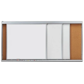 Aarco HSU48-3 96" x 48" Stationary Cork Board With 3 Horizontal Sliding Marker Boards