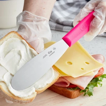 Choice 5 1/2" Smooth Stainless Steel Sandwich Spreader with Neon Pink Polypropylene Handle