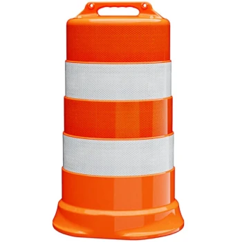 Plasticade® Commander 23 1/2" x 39" Orange Low-Density Polyethylene Traffic Drum with (4) 6" Diamond-Grade Sheeting Strips 456-LD-T-34