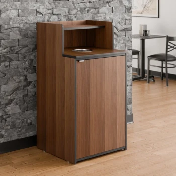 Lancaster Table & Seating Waste 32 Gallon Walnut Waste Receptacle Enclosure with Drop Hole and Tray Shelf