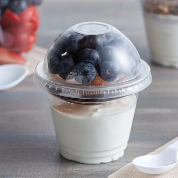 Choice 9 oz. Clear Plastic Squat Cold Cup with 2 oz. Insert and PET Dome and Flat Lids with No Hole - 100/Case