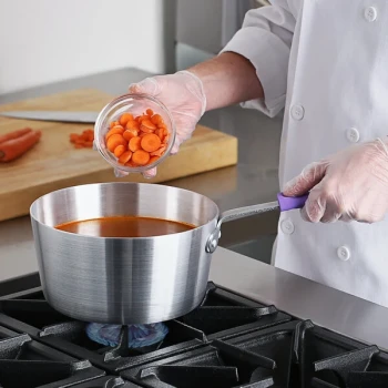 Choice 4.5 Qt. Tapered Aluminum Sauce Pan with Purple Allergen-Free Silicone Handle