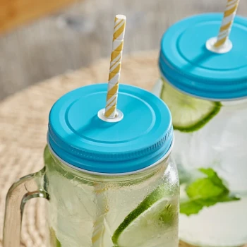 Acopa Rustic Charm Light Blue Metal Drinking Jar Lid with Straw Hole - 12/Pack