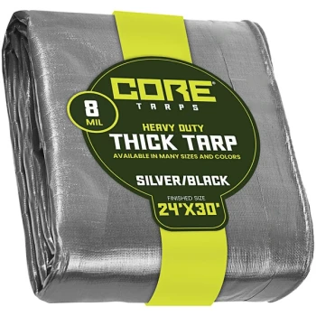 Core Tarps 24' x 30' Silver / Black Heavy-Duty Weatherproof 8 Mil Poly Tarp with Reinforced Edges