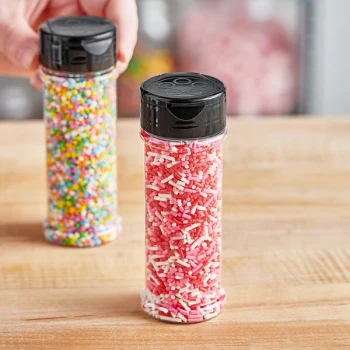 3.75 oz. Round Plastic Spice Container and 43/485 Black Unlined Flip and Sift Lid with 5 Holes - 460/Case