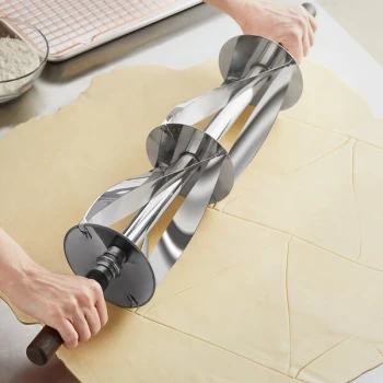 Choice Double Stainless Steel Croissant / Pastry Cutter with Wood Handles for 7 3/4" x 7" Croissants